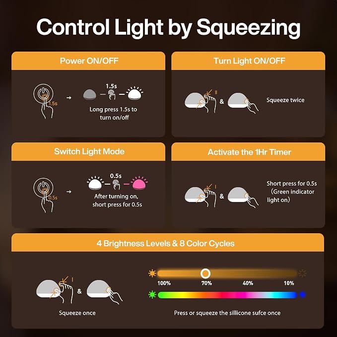 Baby Night Light for Nursery, Soft Silicone Tap Control Night Lamp with 8 Color Changing, Stepless Dimming, Rechargeable Portable Night Light for Kids, 1H-Timer, Warm Light for Breastfeeding