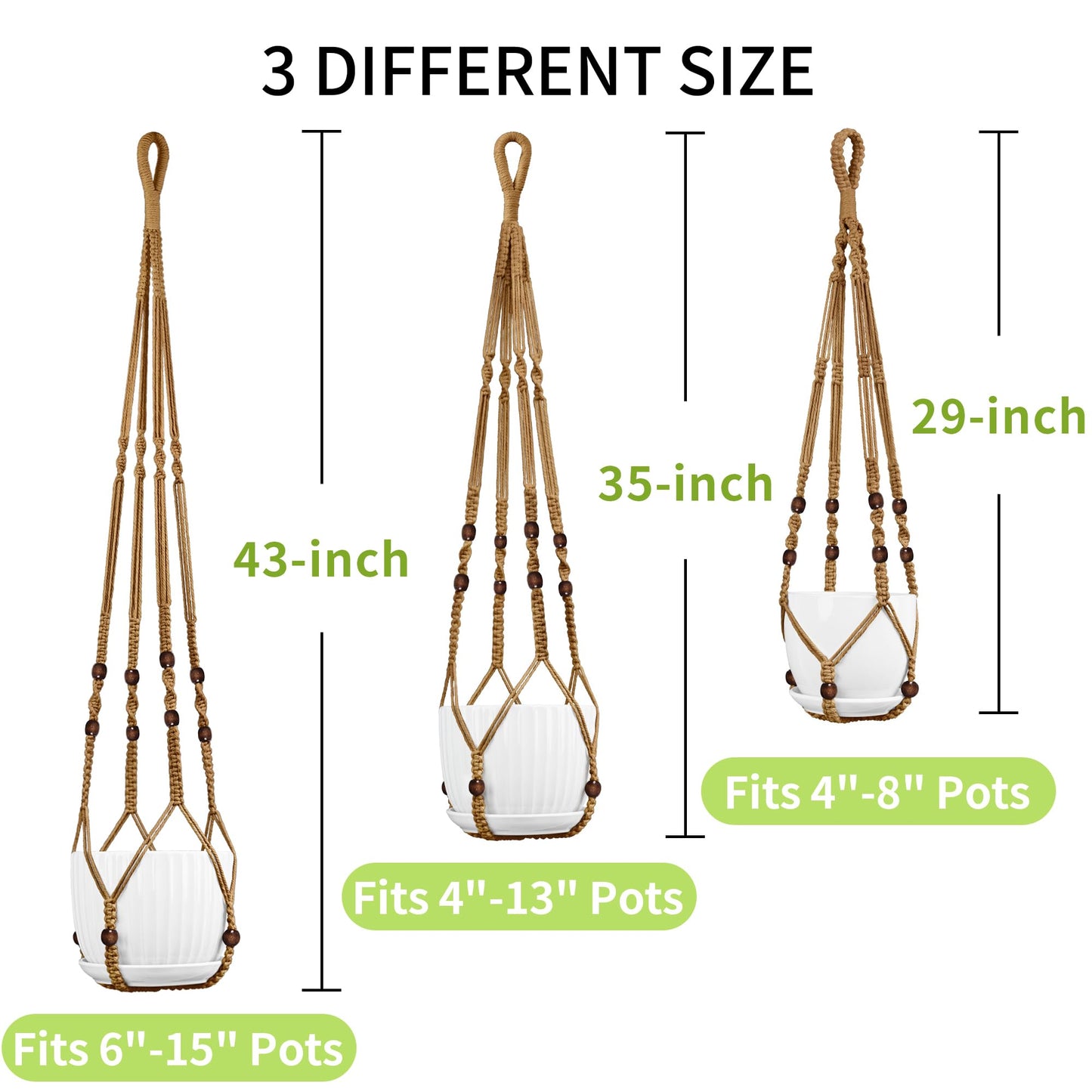 IDEEEPAN Macrame Plant Hanger - Fits 4 to 15 inches Pots for Indoor Outdoor, 43"/35"/29" Different Sizes Set, Brown (POTS NOT Included)
