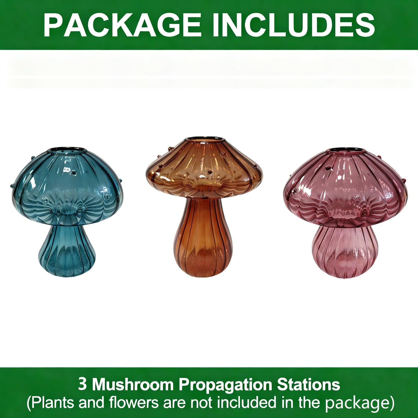 NOLIPED Glass Mushroom Propagation Planter - Set of 3 Cute Plant Propagation Stations for Indoor Plants, Unique Small Hydroponic Vase Jars Mini Terrariums for Window Living Room Bathroom Shelf Decor