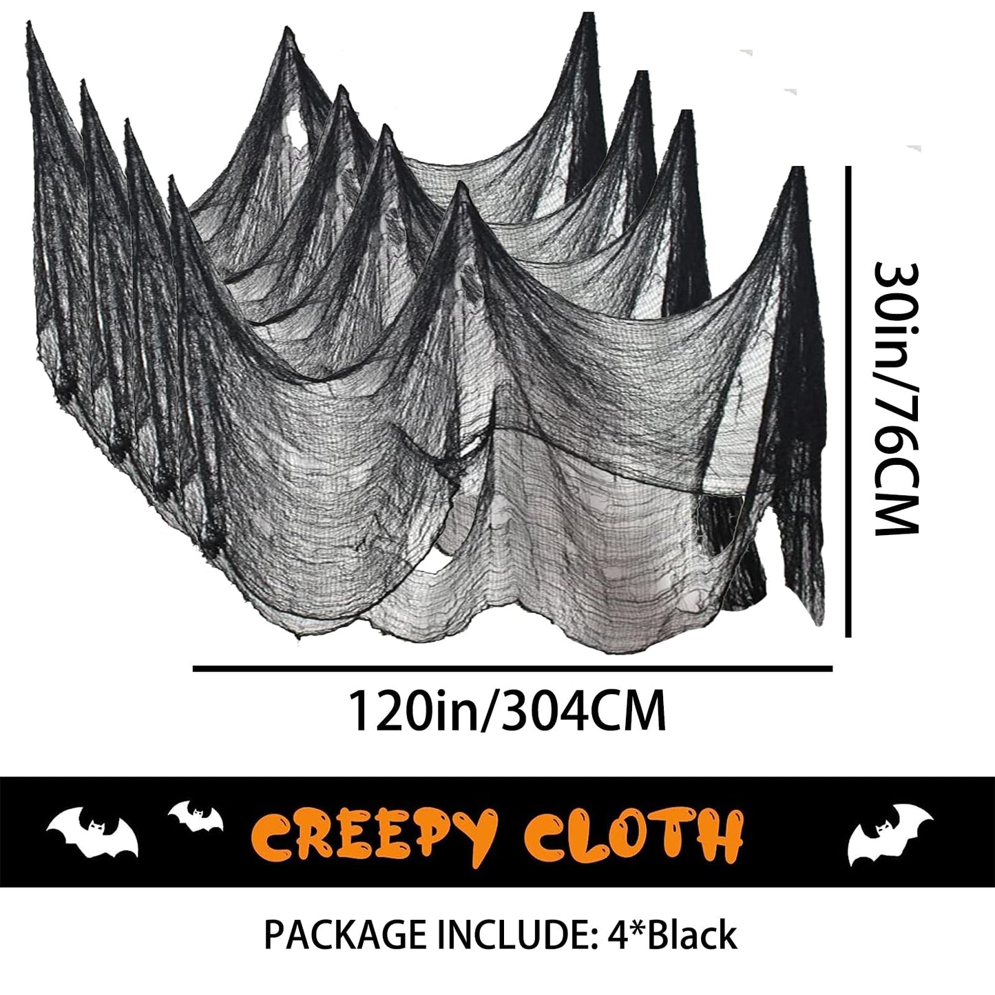 4-Pack Spooky Black Halloween Gauze - 30x120 Inch, Scary Cloth for Haunted House, Outdoor Patio, Garden, Indoor Wall Windows, Halloween Decorations