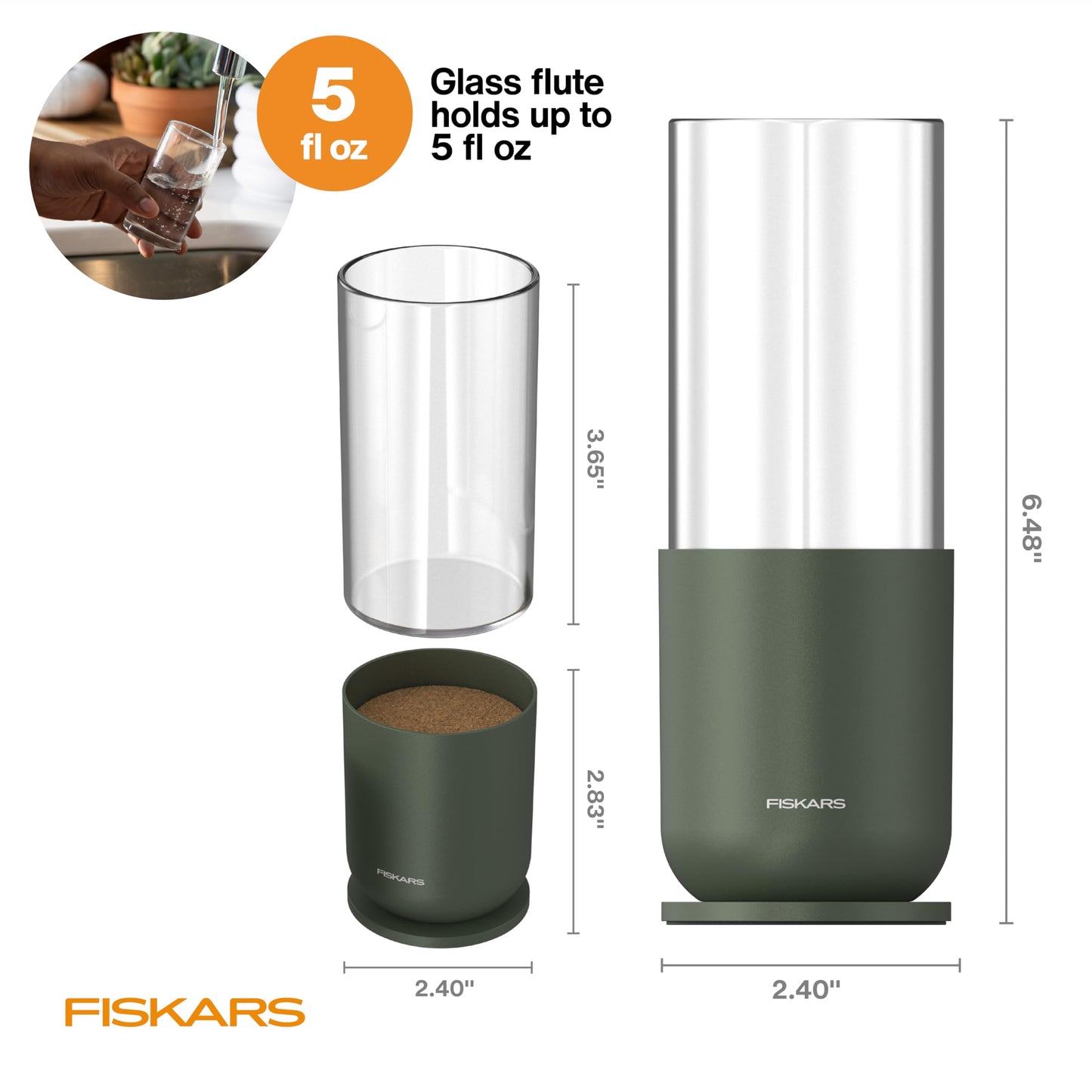Fiskars Plant Propagator, Single Glass Vase with Metal Stand for Rooting Cuttings, Hydroponic System for Indoor Gardening Decor, Straight Sided Flute for Safe Root Removal, 5 oz, Clear