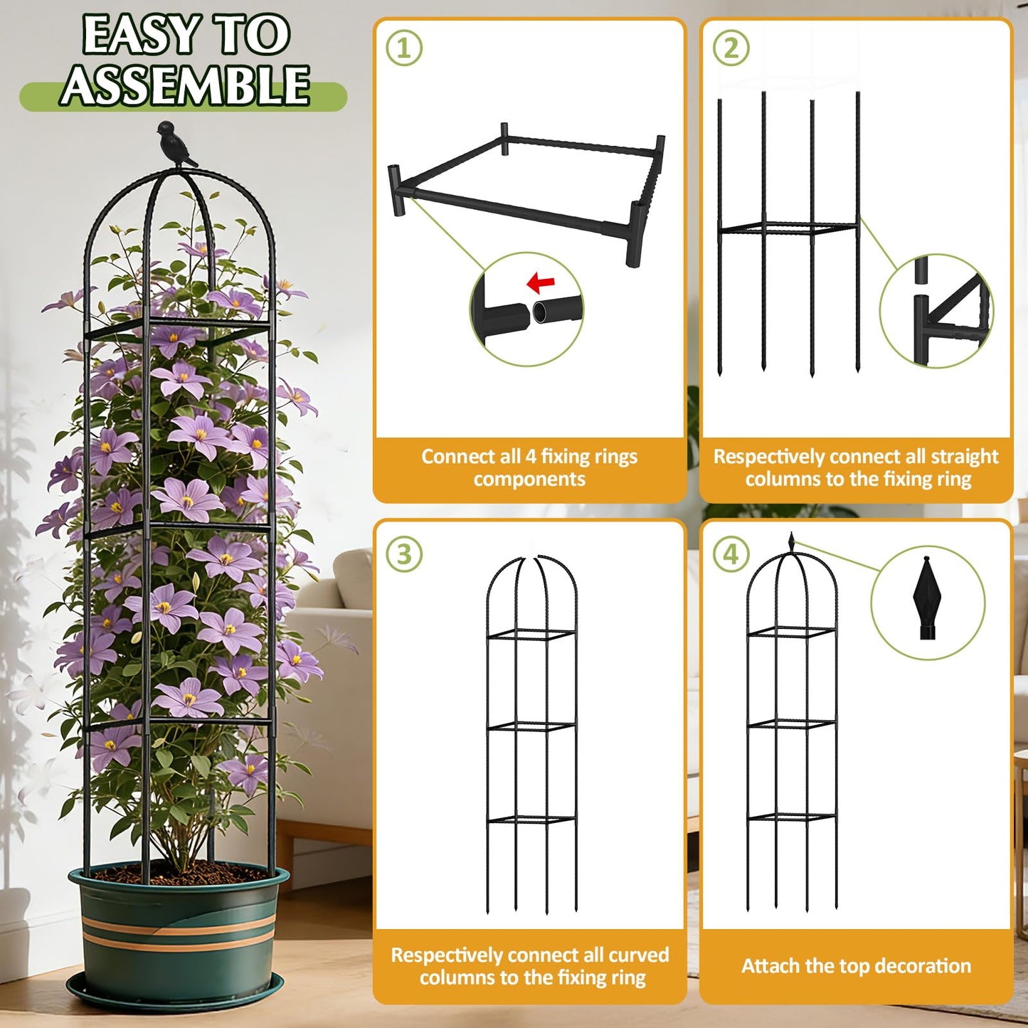Square Tomato Cages for Garden, 6.2 FT Cucumber Trellis for Flowers, Grape, Pea, Rose, Bean, Rustproof Plastic Coated Metal Plant Support for Potted Plants Indoor Outdoor- 1PC Obelisk Trellis