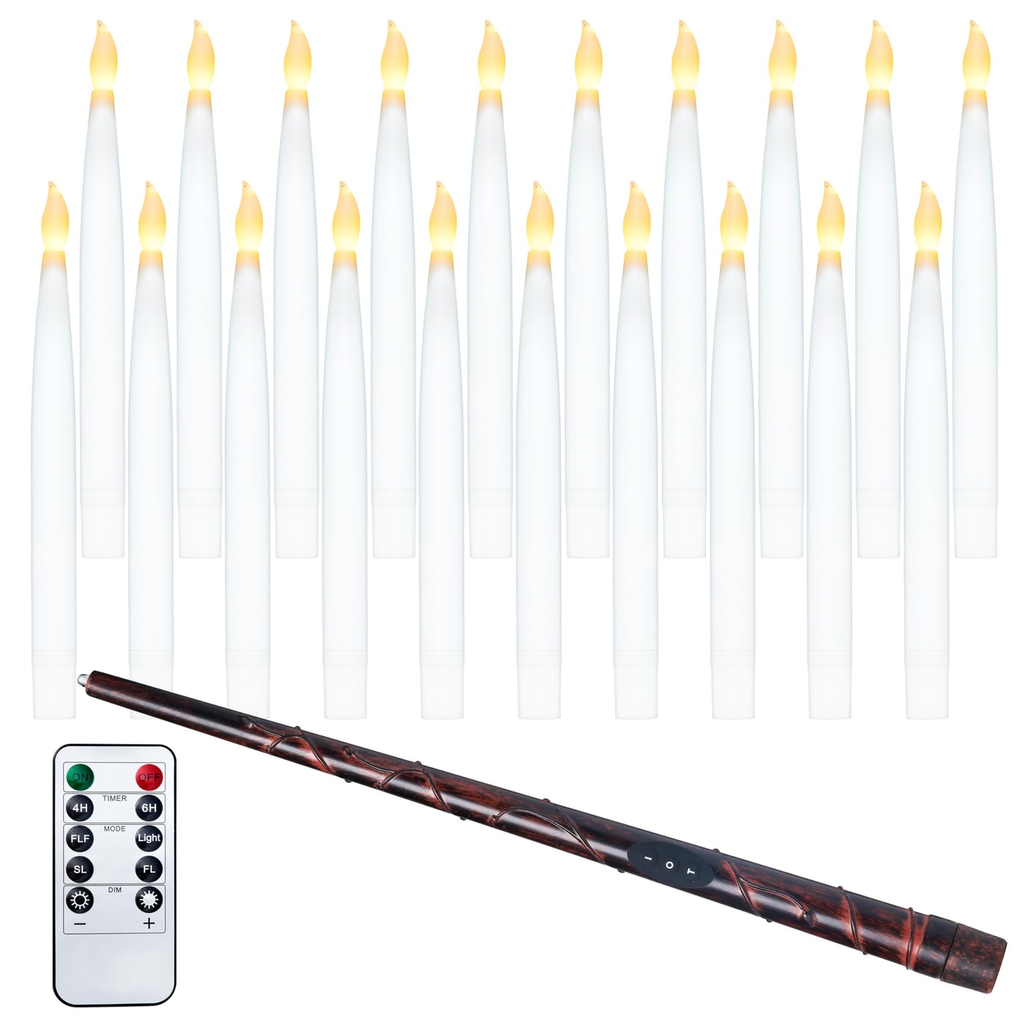 JOYIN 20Pcs Halloween Floating Candles with Wand Remote Flickering Warm Light Taper Magic Hanging Candles with 2 Light Mode and Timer Flameless LED Candle for Halloween Window Decorations Party Gift