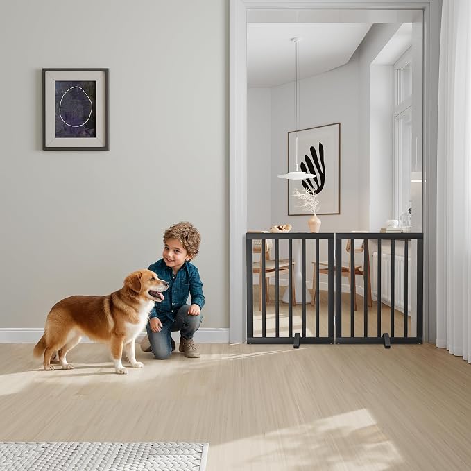 Semiocthome Bamboo Dog Gates Indoor 2-Panel Freestanding Puppy Gates for The House with 2 Metal Stands 24" H Folding Wood Pet Gate for Stairs Doorway, Fully Assembled Safety Fence - Black