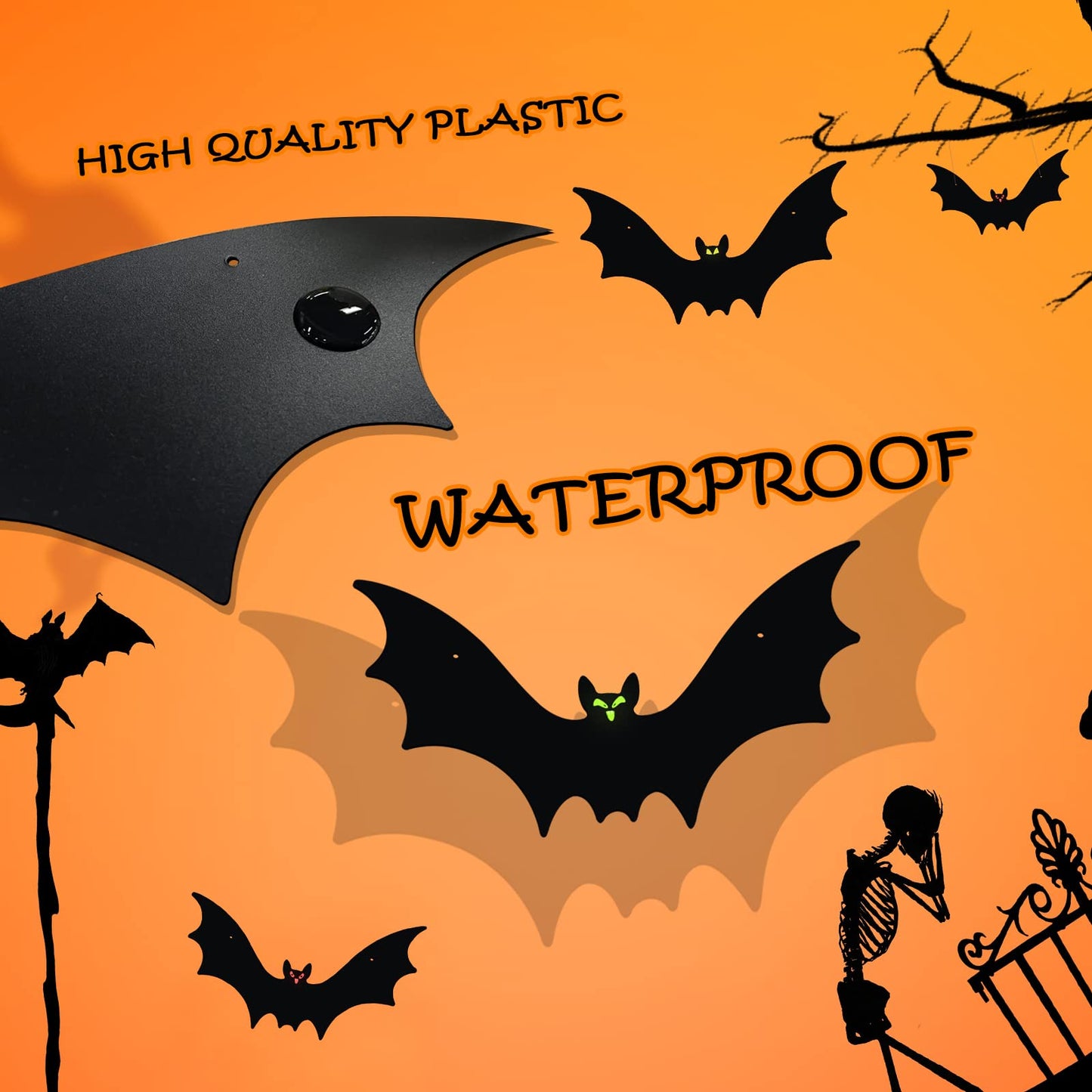 VERNILLA Hanging Bats Halloween Decorations 12pcs 3D Realistic Halloween Hanging Flying Bat with Glowing Eyes for Outdoor (3 Styles)