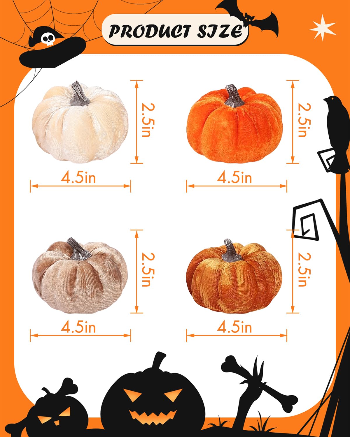 Coferset 4pcs Velvet Pumpkins Decor Set, Artificial Fall Pumpkin Decor for Halloween Thanksgiving Harvest Table Centerpieces(Orange Gold Coffee Beige)