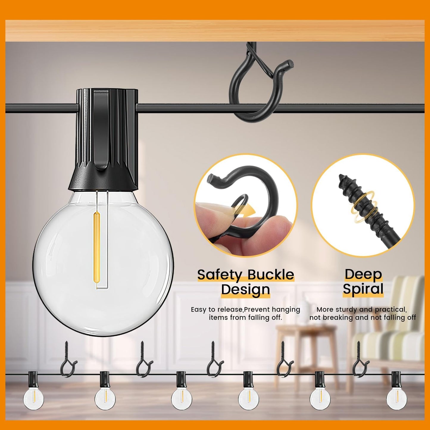 TAIHUIMY 40 PCS Q-Hanger Hooks with Safety Buckle, Windproof Screw Wall Ceiling Hooks for Outdoor String Lights Hanging Christmas Lights, Plants, with 1 Wing Nut Driver (Black, 40 Pack)
