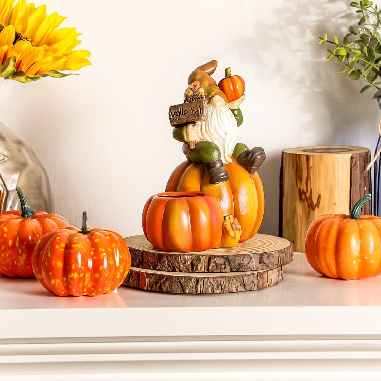 Hotop Fall Pumpkin Gnome Tealight Candle Holder, Thanksgiving Table Centerpiece Resin Figurine, Autumn Harvest Indoor Decor for Mantel Shelf Kitchen Dining Table, 6.5 Inch