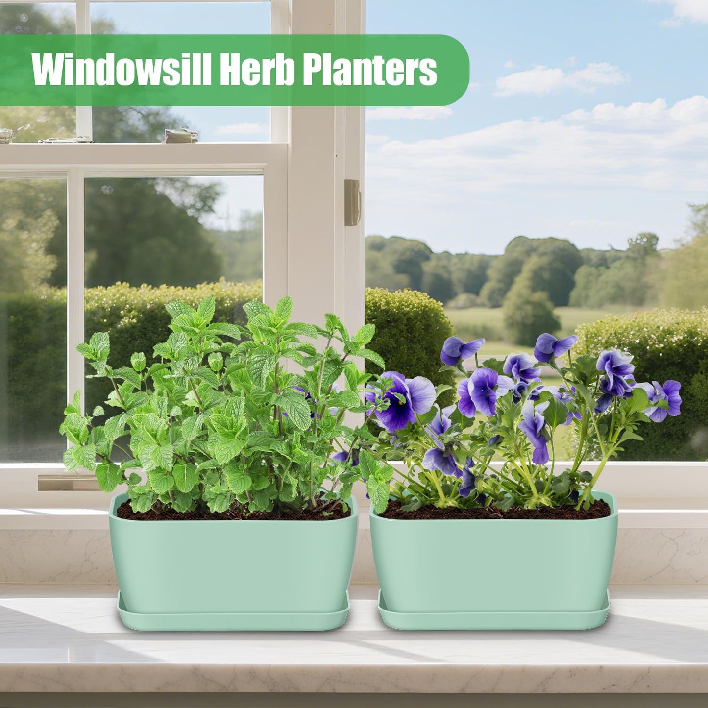 Oliz 4 Set Window Herb Planter Box Rectangular, Green Plastic Planters with Multiple Drainage Holes and Trays,Indoor Succulent Cactus Mint Flower Pot for Windowsill, Garden Balcony