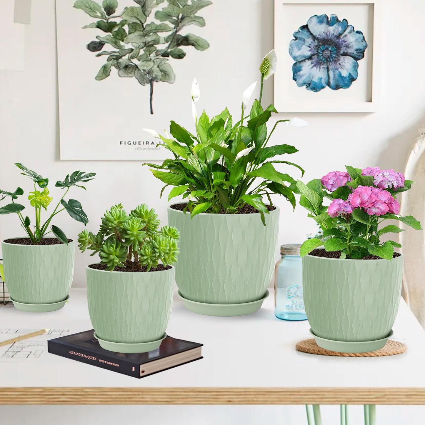 LESOASIS Plastic Plant Pots 10/9/8/7.5/7 inch Set of 5, Flower Planters with Drainage Holes and Saucers, Plastic Pots for Indoor Outdoor Plants, Livingroom Garden Decor (Green)