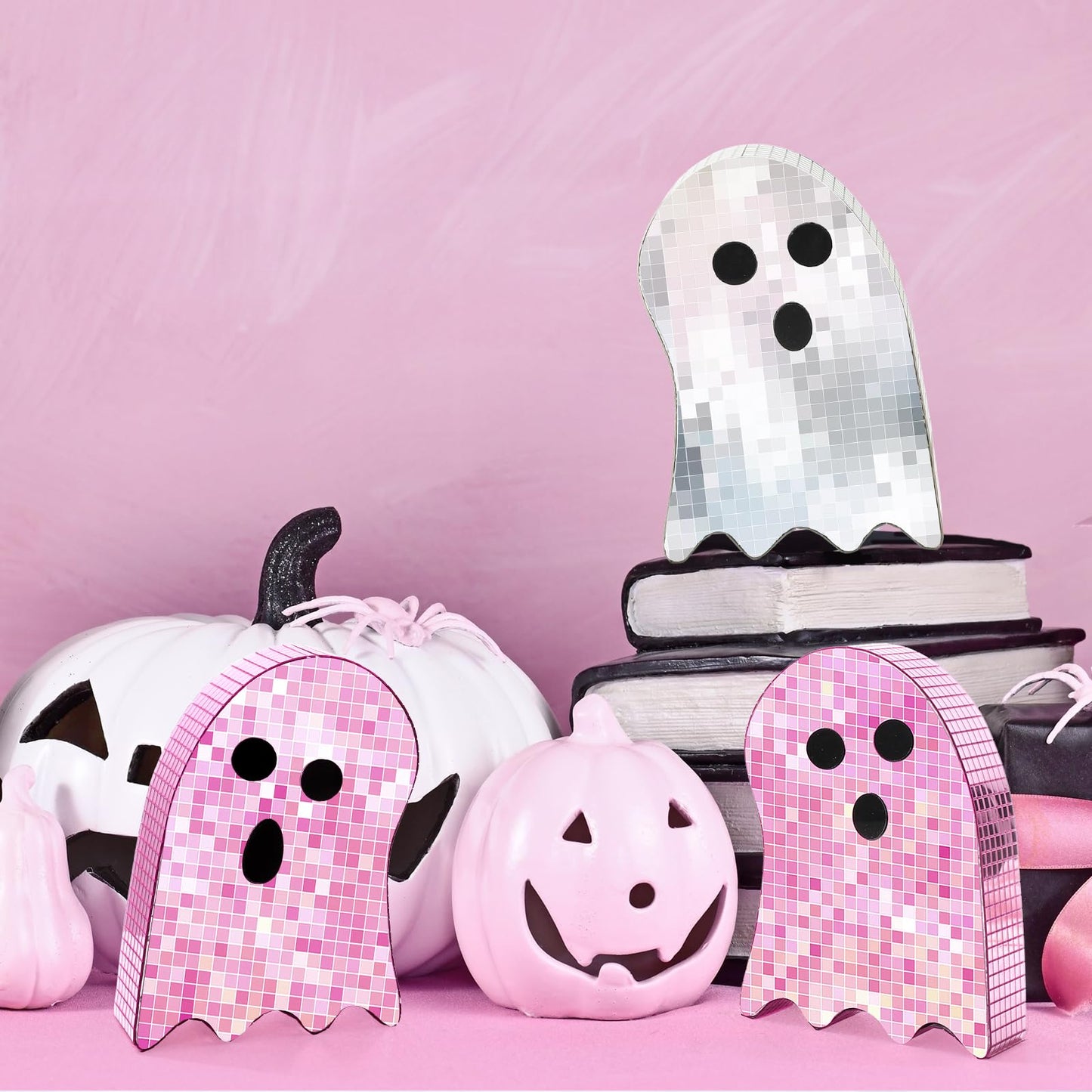 FYSUIMU 3Pcs Halloween Disco Ghost Decor 6 Inch Pink Silver Ghost Disco Ball Table Centerpieces Mosaic Horror Tiered Tray Decoration for Home Party Favors Supplies