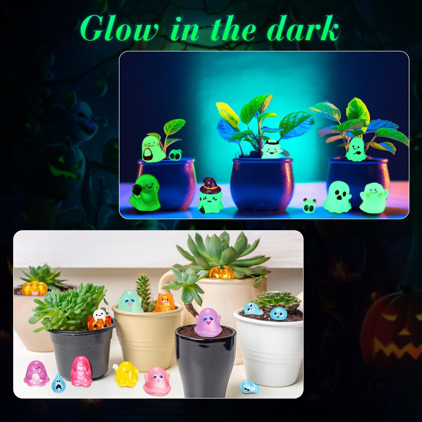 Sonwyoung 58 Pcs Halloween Luminous Mini Figures Glow in Dark Tiny Resin Figures Set Fairy House Diorama Accessories Halloween Pumpkin Ghost Skull Ornament for Garden Dollhouse Craft DIY (Wizard)