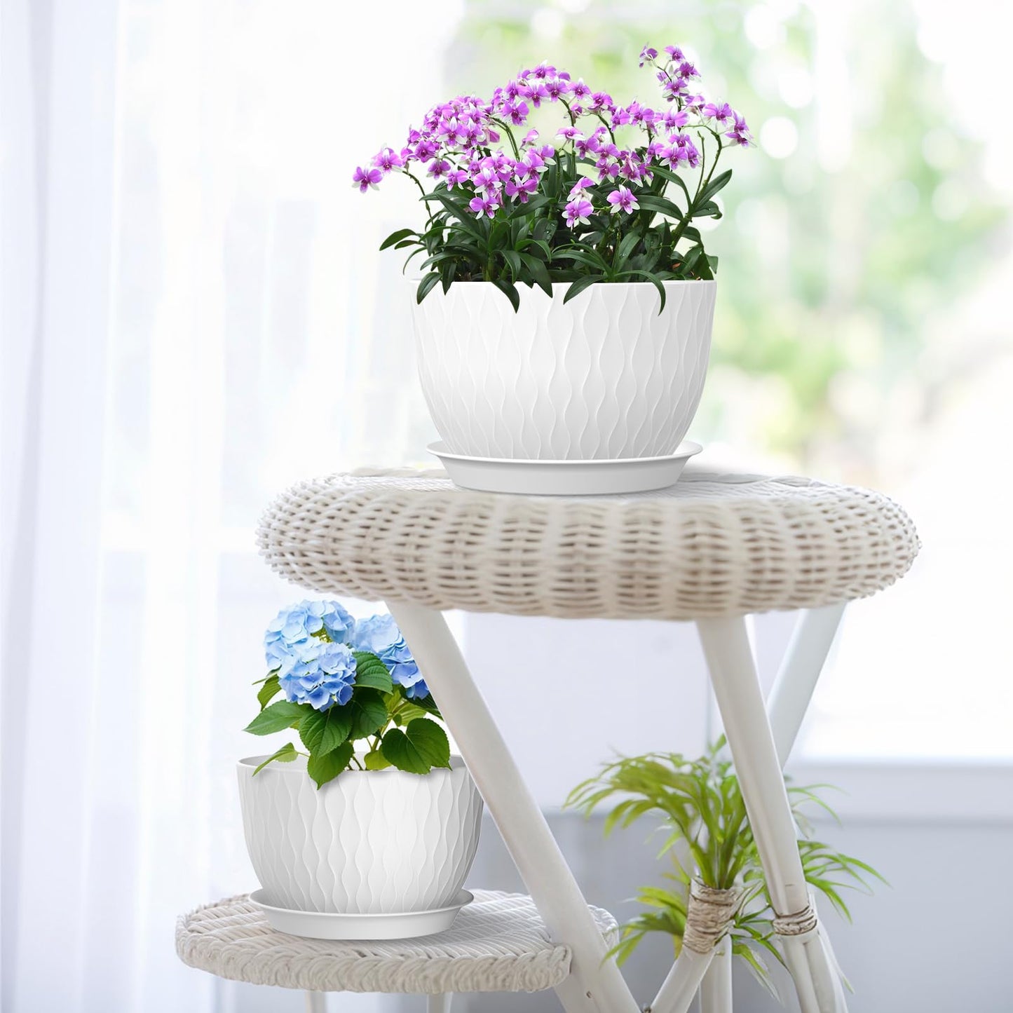 Meowell 12/10/9 inch Large Plant Pots, 3 Pack Wide Flower Pots for Outdoor Indoor Plants with Water Ripples, Big Plastic Planters with Drainage Holes and Saucers for Garden House Plants, White