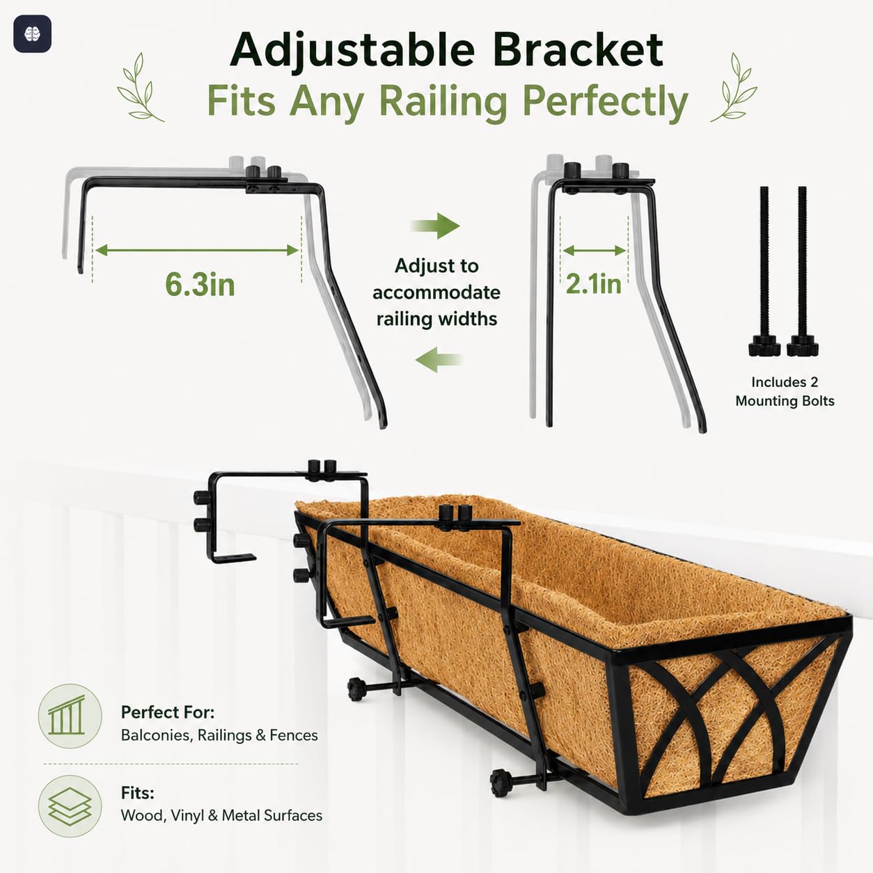Railing Planter Boxes 24 Inch 2 Pack, Heavy Duty Adjustable Hanging Planters with Coco Liners, 2-in-1 Balcony Planters for Deck Porch Patio Garden