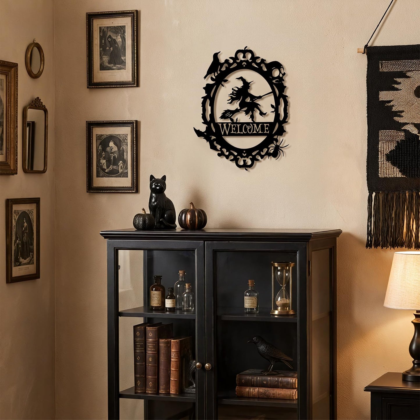 Gothic Witch Welcome Sign, Black Metal Wall Decor with Witch Design,15.63 x 12.6 inch, Indoor Outdoor Decorative Plaque