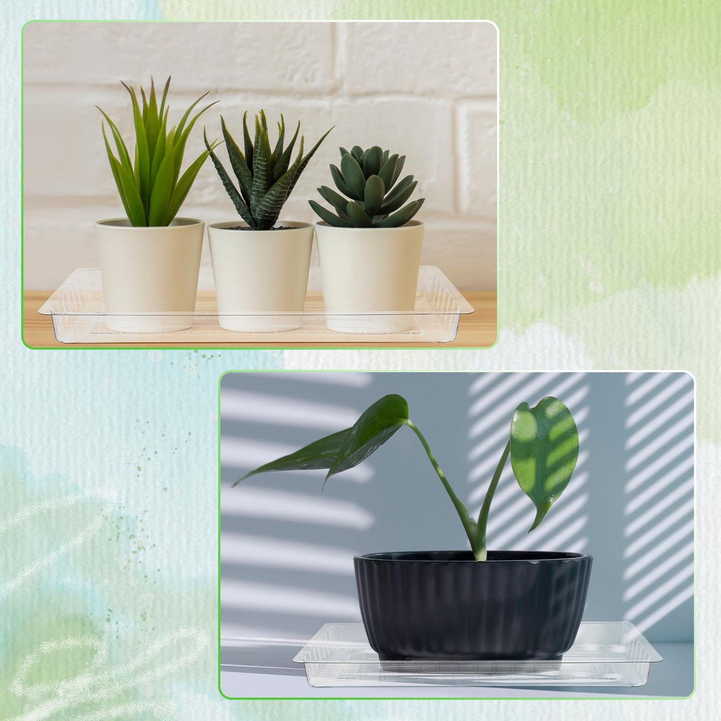 SiliFine 20 Pcs Clear Plastic Plant Saucer Rectangular Plant Drip Trays Transparent Thick Heavy Duty Plastic Liners for Planters for Indoors Outdoors Flower Pots Window Sills Window Shelf, 14" x 6"