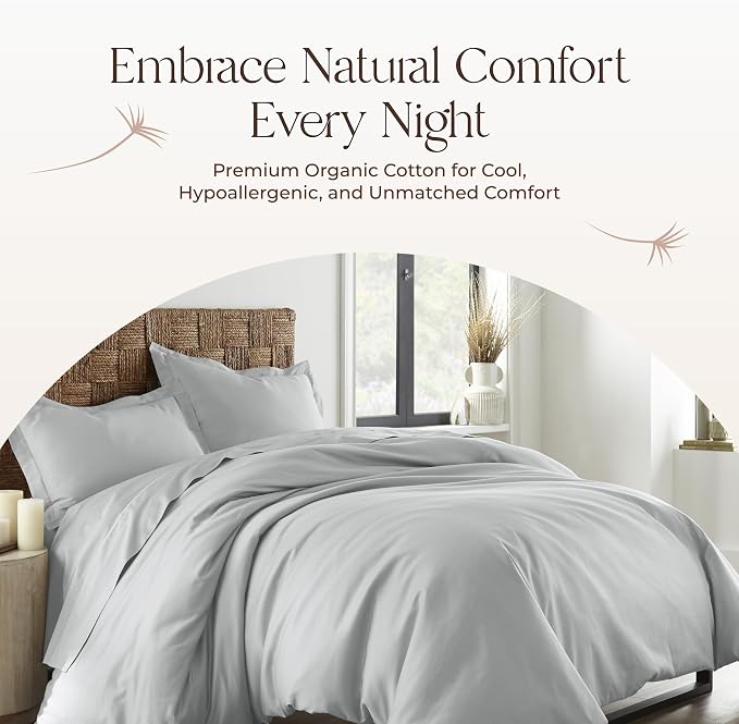 100% Organic Cotton Duvet Cover Queen Size - Naturally Soft Lightweight & Cooling Duvet Cover Set with Decorative Shams - Premium GOTS Certified 300 Thread Count Sateen Weave (Shore, Queen)