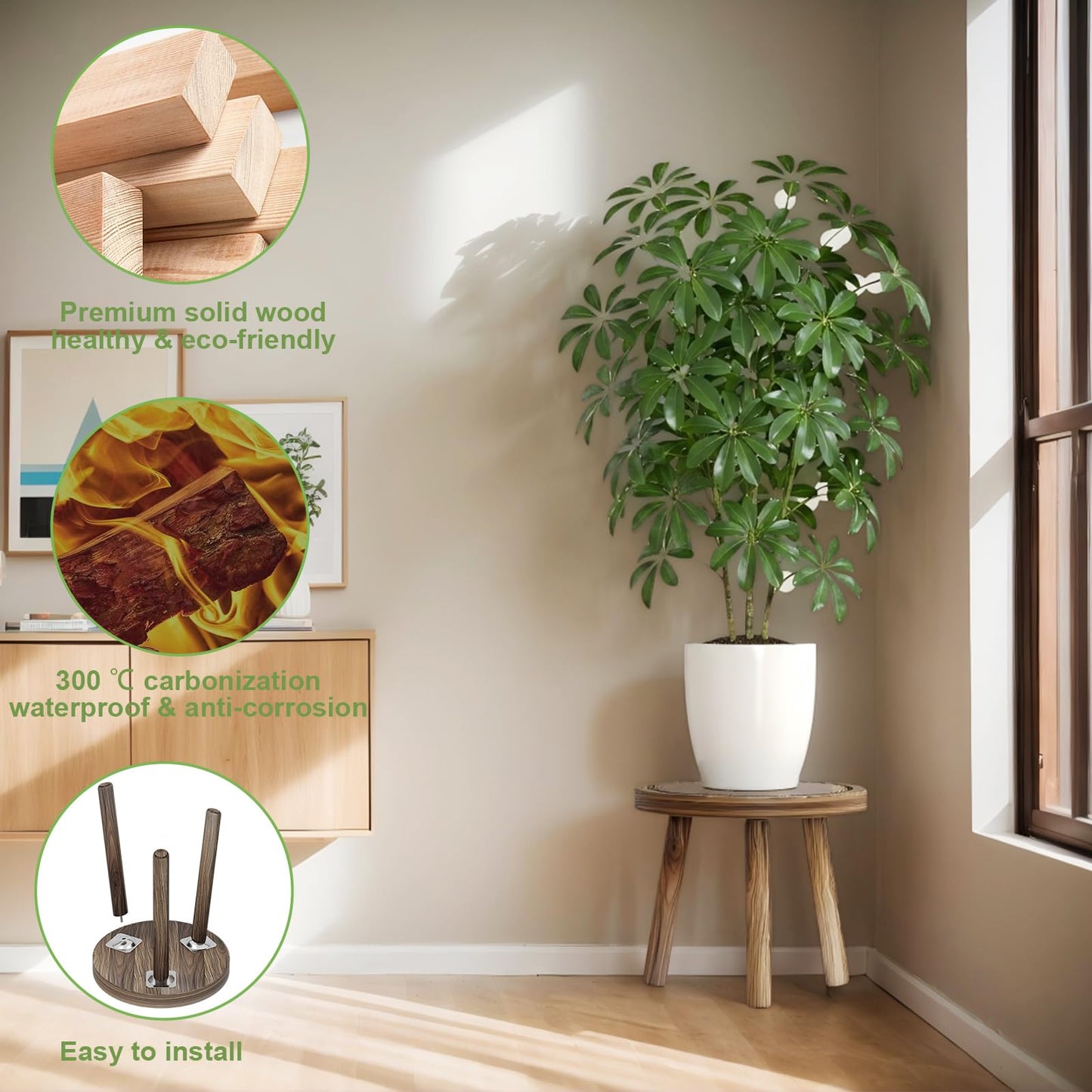 Vecxoty 3-Pack Wood Plant Stands Indoor, Single Plant Stand for 6-12 Inch Pots, Mid-Century Modern Plant Stool, Tall Plant Stand for Large Plants Perfect Fit for Living Room, Balcony, Office