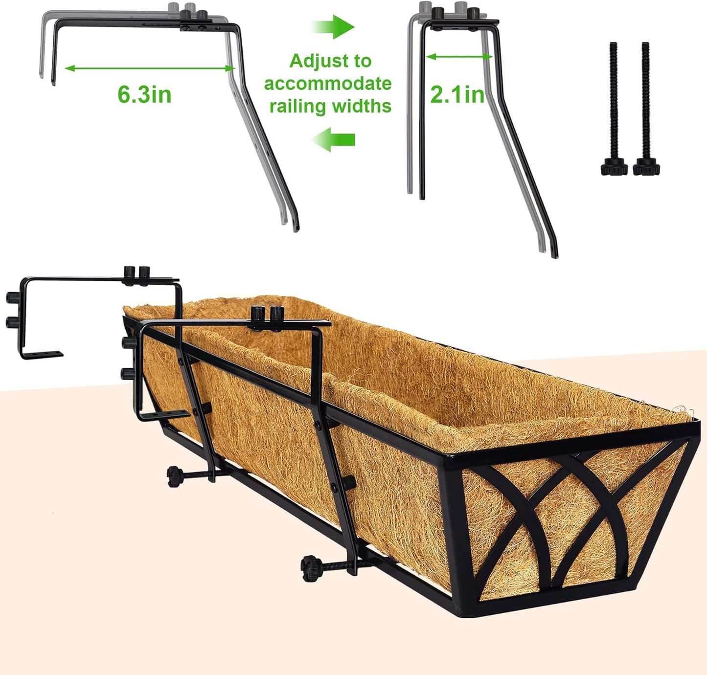 LAWYAMAI 30 Inch 4 Pack Railing Planter with Adjustable Brackets, Window Box with Coco Liner, Hanging Metal Flower Box for Balcony Deck Fence Porch, Black