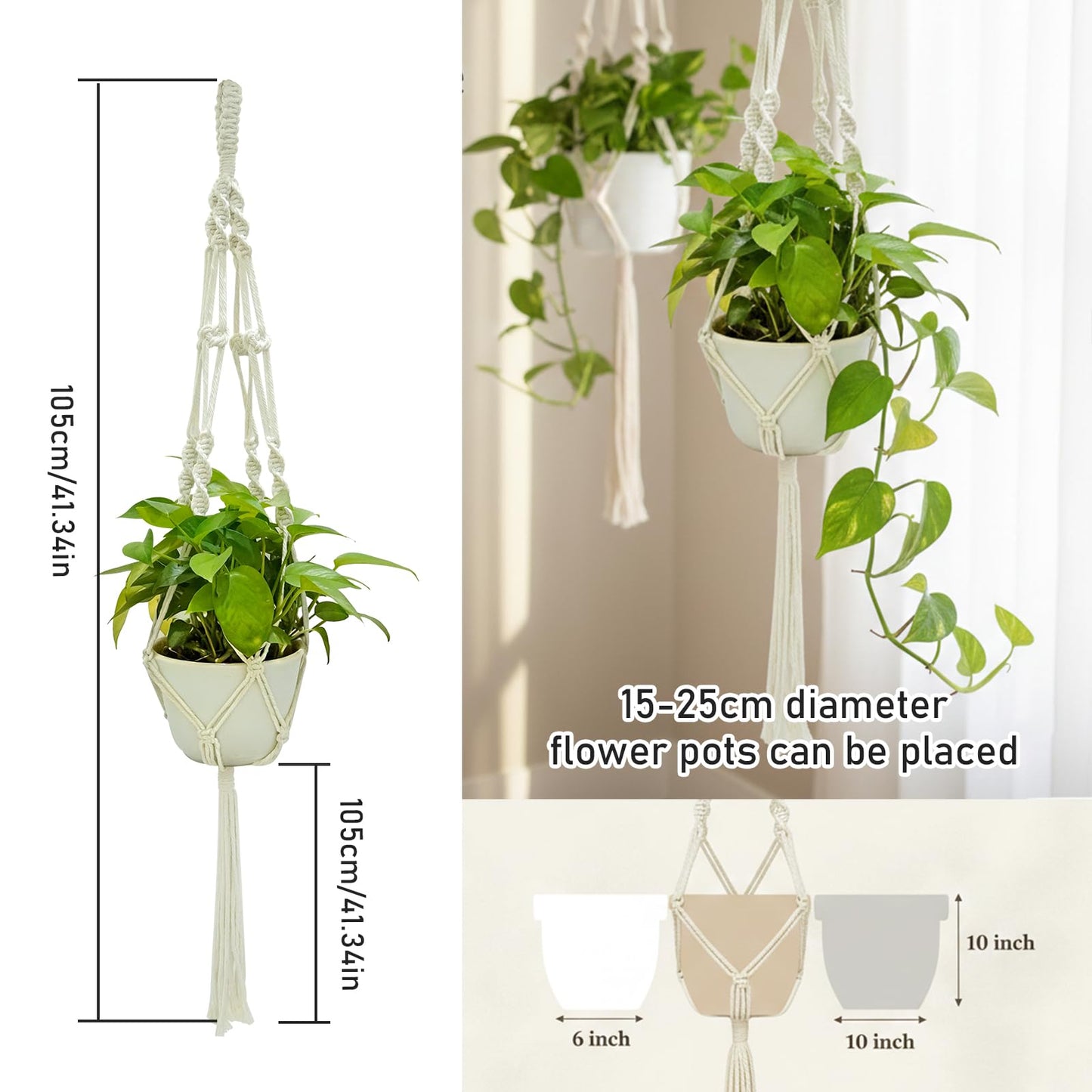 Newnessai 3Pcs Boho-Chic Plant Hangers with Hooks, Ivory Cotton Rope for Indoor/Outdoor Use, Fits 6-10 Inch Pots (Pots Not Included)