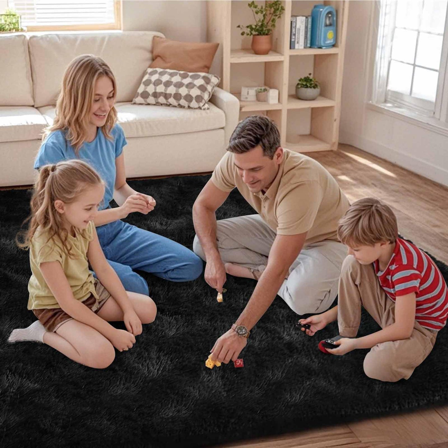 FinRèc 8x10 Feet Area Rugs for Living Room Bedroom, Fluffy Shaggy Large Rug, Non-Slip Soft Black Fuzzy Rugs for Nursery Kids Room Dorm Room Home Decor, Indoor Plush Floor Carpet