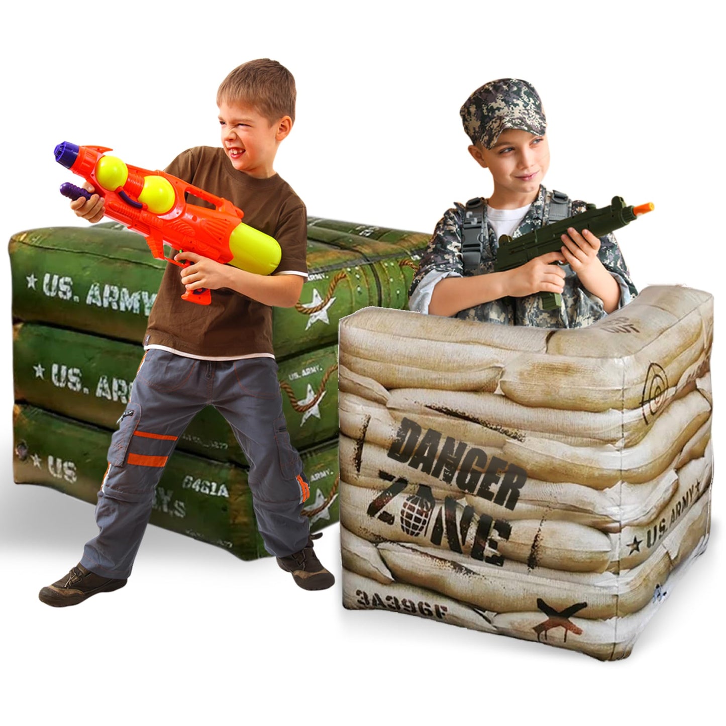 2-Piece Inflatable Combat Barricade Set — Includes 1 Army Box and 1 Sandbag for Laser Tag, Water Blaster, Dart Blaster, and Action Game Parties
