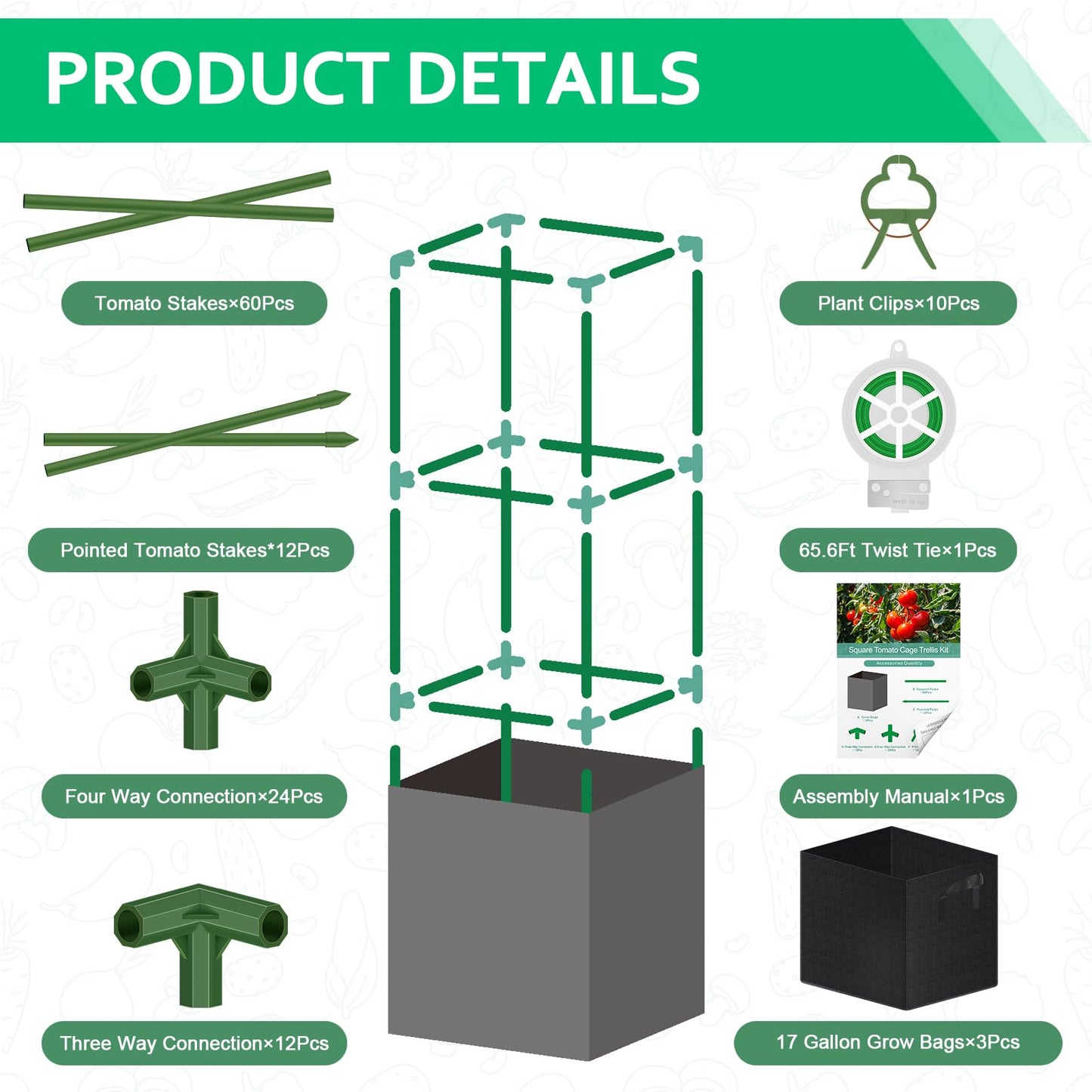 WLLEYAY 3 Pack Square Tomato Cages with 17 Gallon Grow Bags, 46'' Upgraded Heavy Duty Steel Garden Plant Support Stakes Kit, Flowers Vegetable Trellis for Vertical Climbing Plants Vines