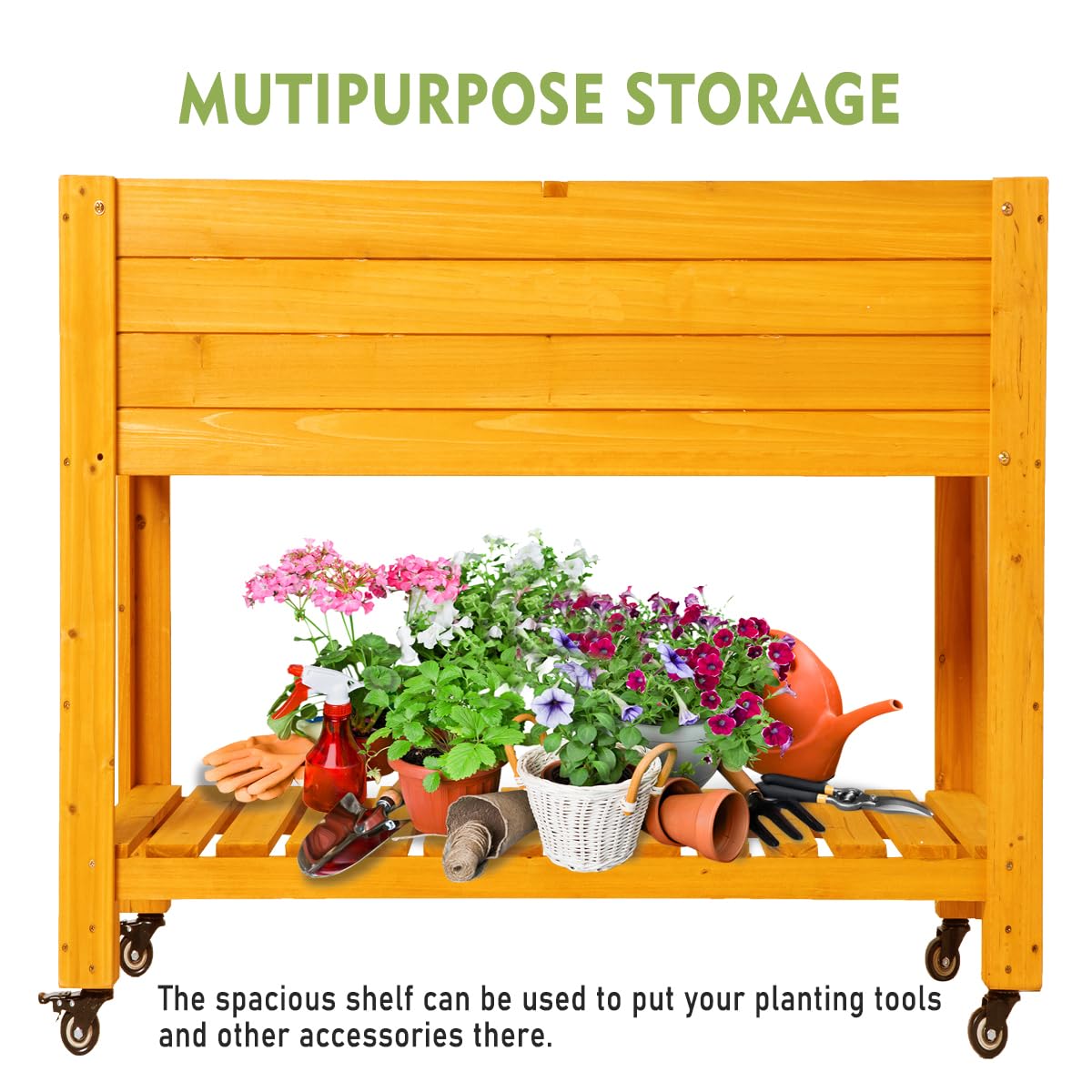 FORTUNO Raised Garden Bed with Wheels 48"x24"x33" Large Wood Planter Box with Legs Outdoor Mobile Wooden Elevated Raised Beds for Vegetable Flower, Standing Gardening Box with Liner for Patio, Deck