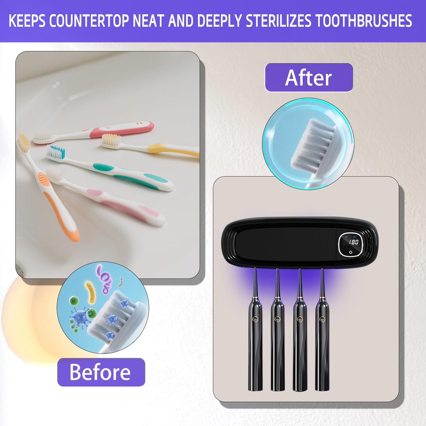 Wall Mounted Toothbrush Holders for Bathrooms, 4 Slots UV Toothbrush Sanitizer and Holder with Air Drying 3000mAh Rechargeable Cordless UV Toothbrush Cleaner with Timer Function & No Drilling (Black)