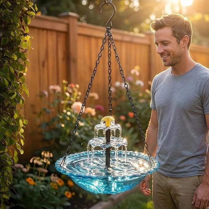 2026 Solar Cascade Hanging Bird Bath Fountain - 3 Layers Outdoor Water Feature for Hummingbirds, Easy-Clean 9.3" Glass Basin with Solar Powered Pump, Attract Wild Birds to Garden, Patio (Orange)