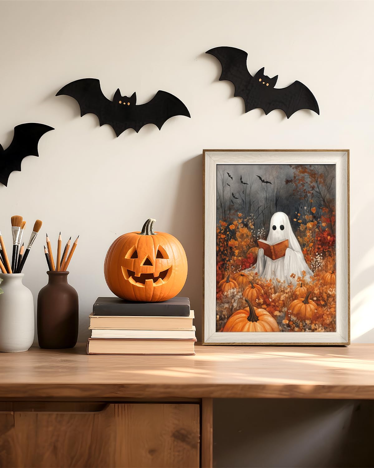 VIYYIEA Framed Wall Art for Living Room, Reading Ghost Canvas Prints, Autumn Home Decor, Halloween Painting Picture, Bathroom Wall Decor Gifts for Friends or Family -【Reading Ghost】-(16L x 12W)