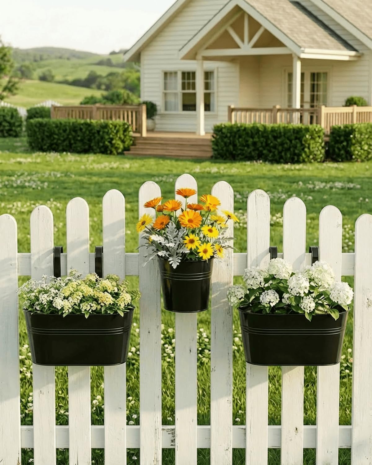 vensovo 6 Pcs Metal Railing Planters Set, 10.8" Oval & 5" Round Hanging Flower Pots with Detachable Hooks, Black Fence Planter Baskets for Outdoor Plants, Herbs & Succulents, Garden Decor