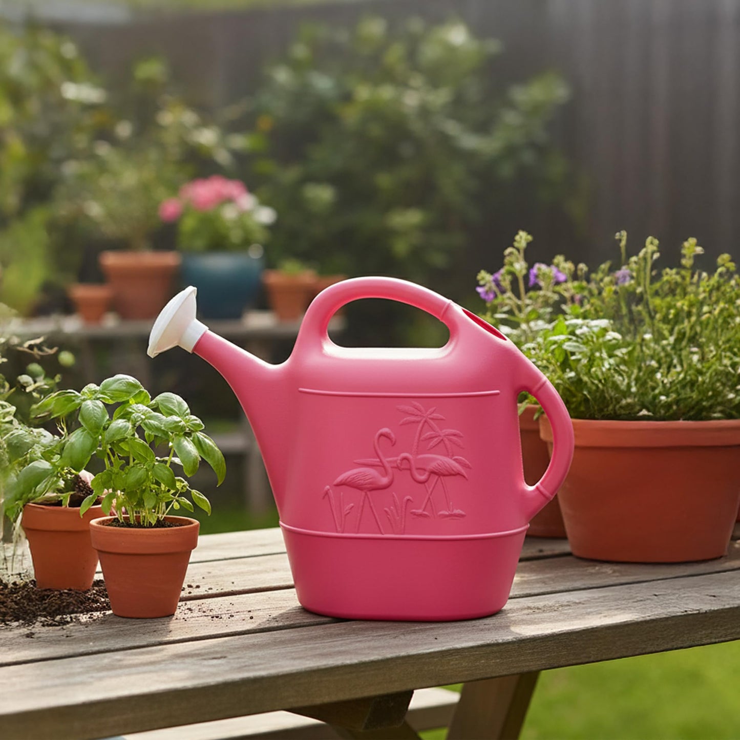 Union Products Watering Can, Flamingo 2 Gallon Plastic Gardening Water Jug with 2 Handles for Garden, Indoor Plants, and Outdoor Flower Pots, Pink
