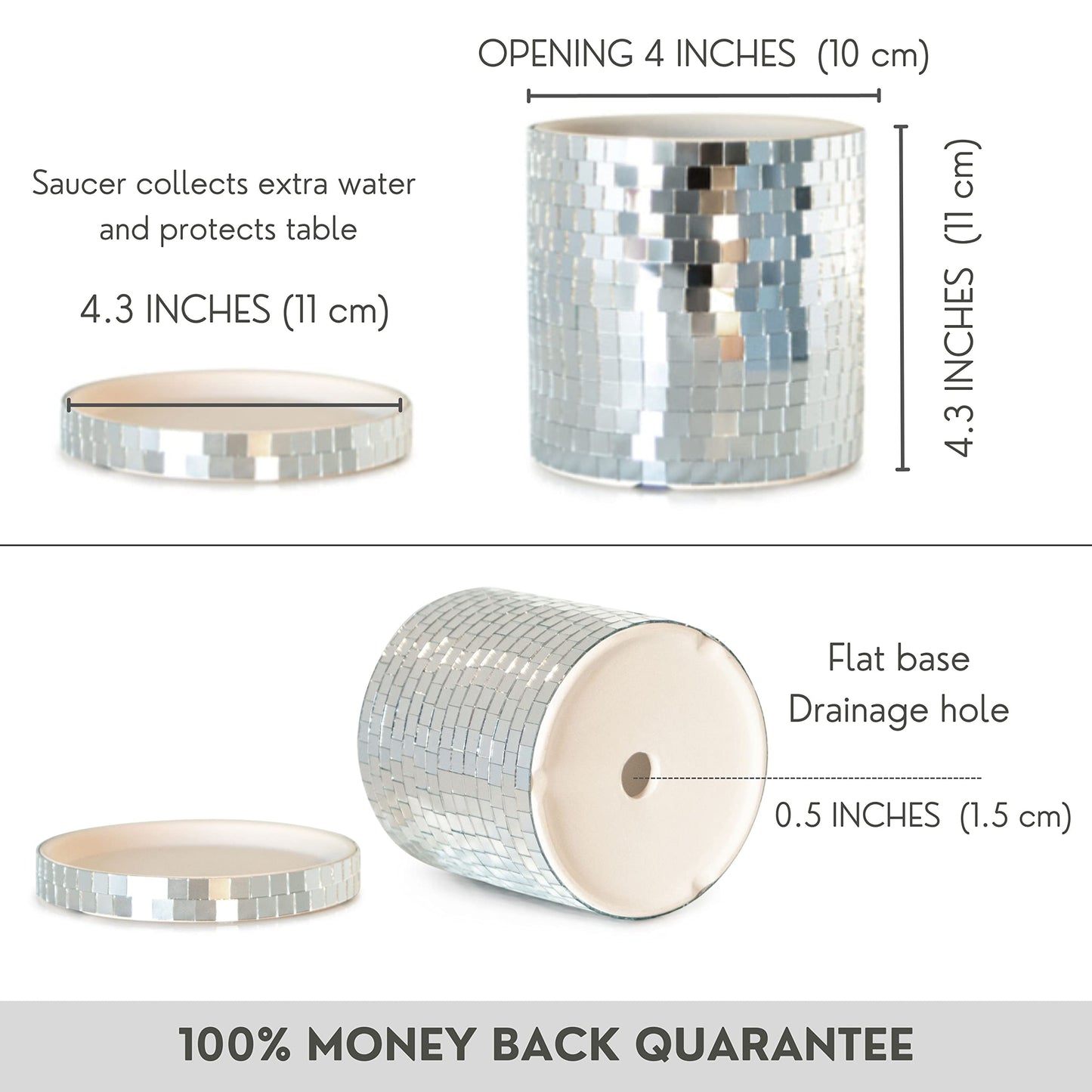 SCANDINORDICA Disco Ball Planter 8" Gold with Chain and Macrame Hanger and Disco Ball Planter Pot 4.3" with Saucer (0.3x0.3 mirror tiles)