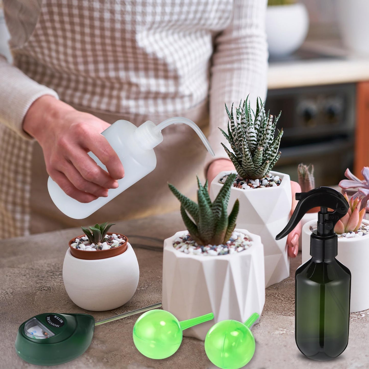 Reallnaive 6 Pcs Indoor Watering Can Set 1/2 Gallon Can 6.8 oz Spray Bottle 17 oz Squeeze Bottle Plant Watering Globes Soil Moisture Meter Small Spraying Set for Indoor Outdoor Plants(Mint Green)