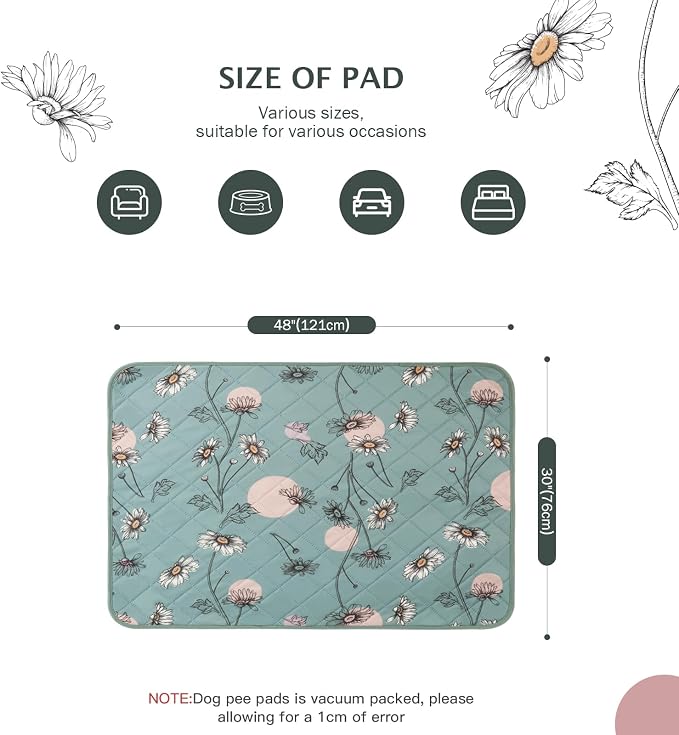 IEUUMLER Washable Pee Pads for Dogs, 2 Pack Non-Slip & Waterproof Pack Whelping Pad, Reusable Washable Puppy Potty Training Pad with Fast Absorbent for Playpen EU007 (Green Daisy, 48"X30"-2pcs)