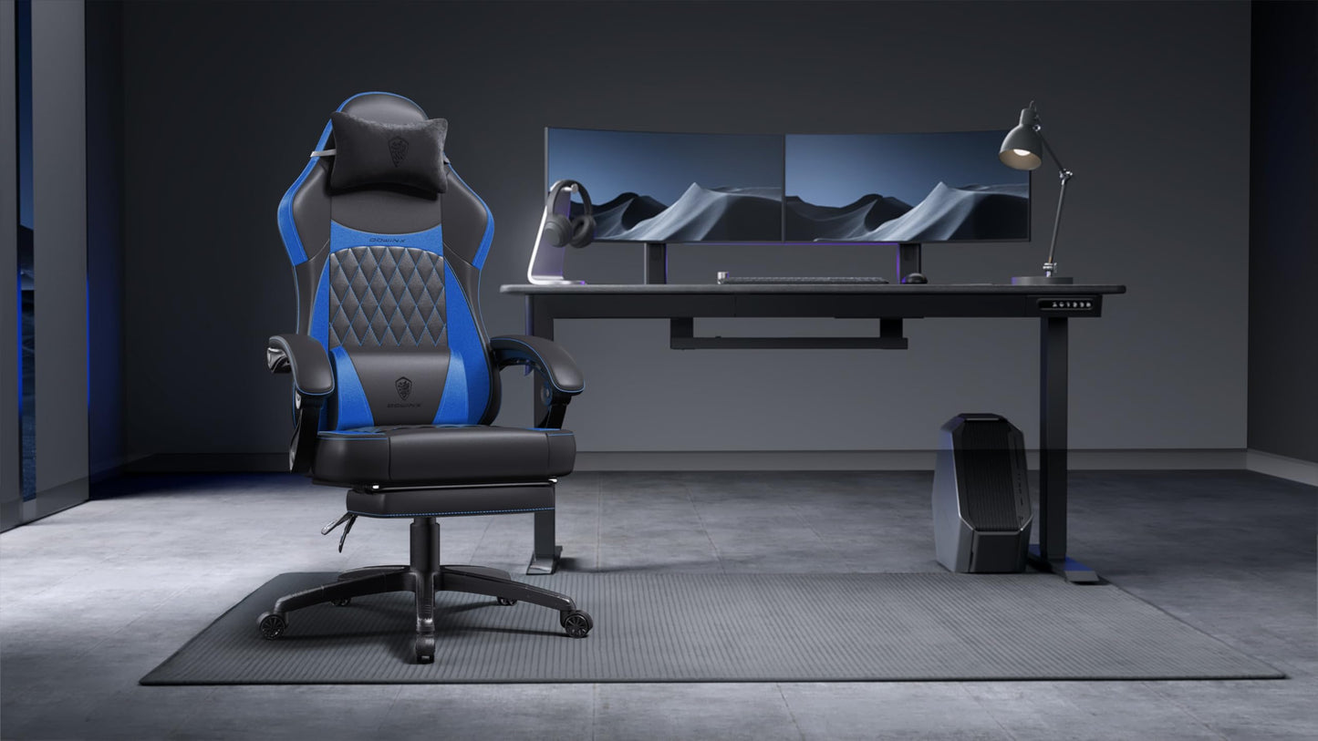 Dowinx Gaming Chair with Pocket Spring Cushion, Ergonomic Computer Chair with Massage Lumbar and Footrest for Adults, High Back Game Chair Leather for Office Gaming 300LBS, Blue New