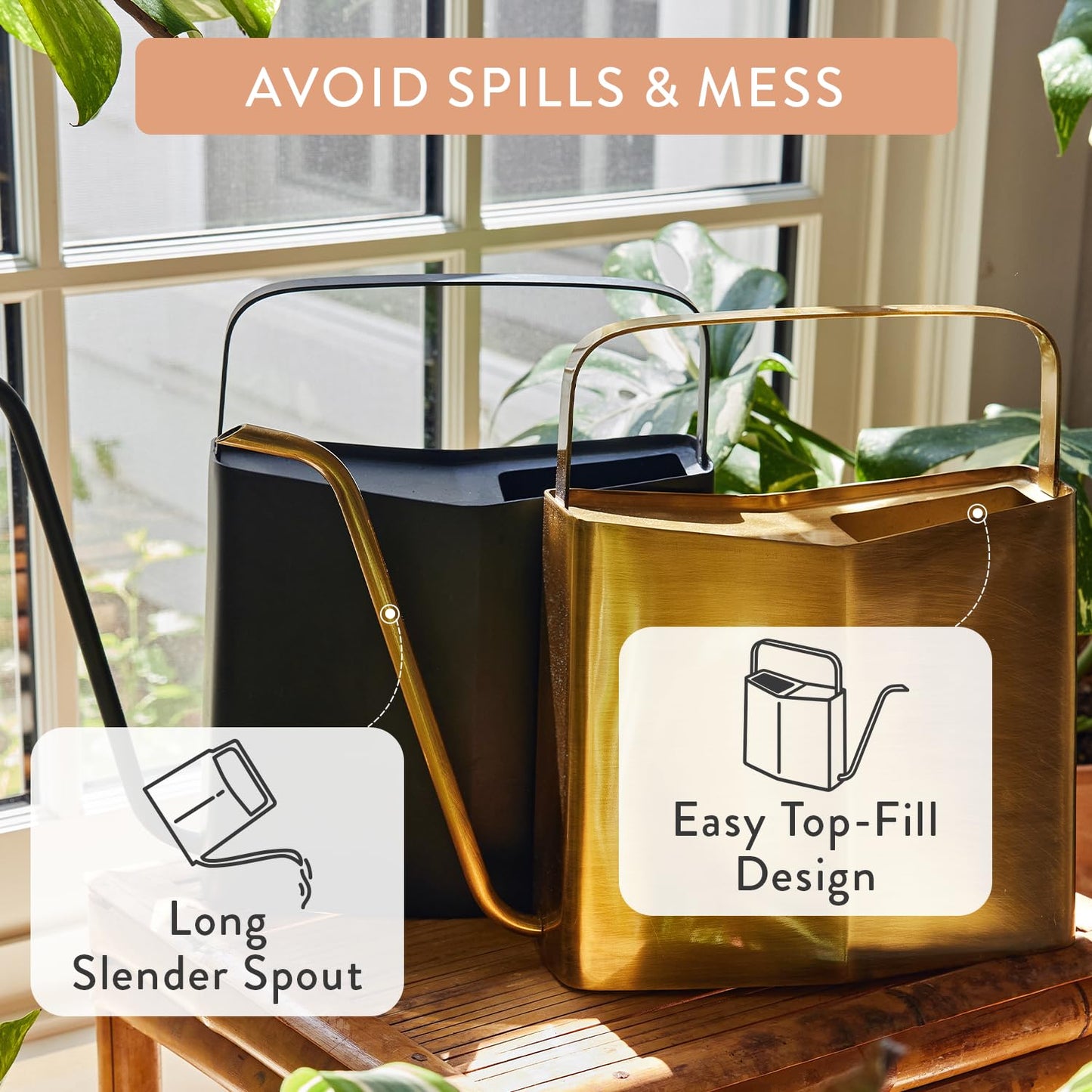 Modern Sprout Brass Finish Plant Watering Can - 3L Capacity - Long Spout Stainless Steel Vessel for Outdoor & Indoor Plants - Rust Resistant - Garden Accessory for Houseplants & Decorative Use