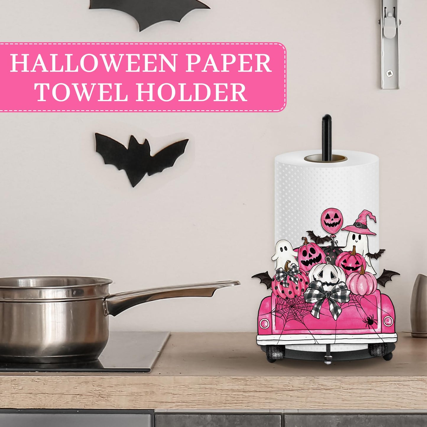 Whaline Pink Halloween Paper Towel Holder Pumpkin Ghost Truck Metal Towel Stand Trick or Treat Decoration Accessory for Holiday Party Home Kitchen Countertop