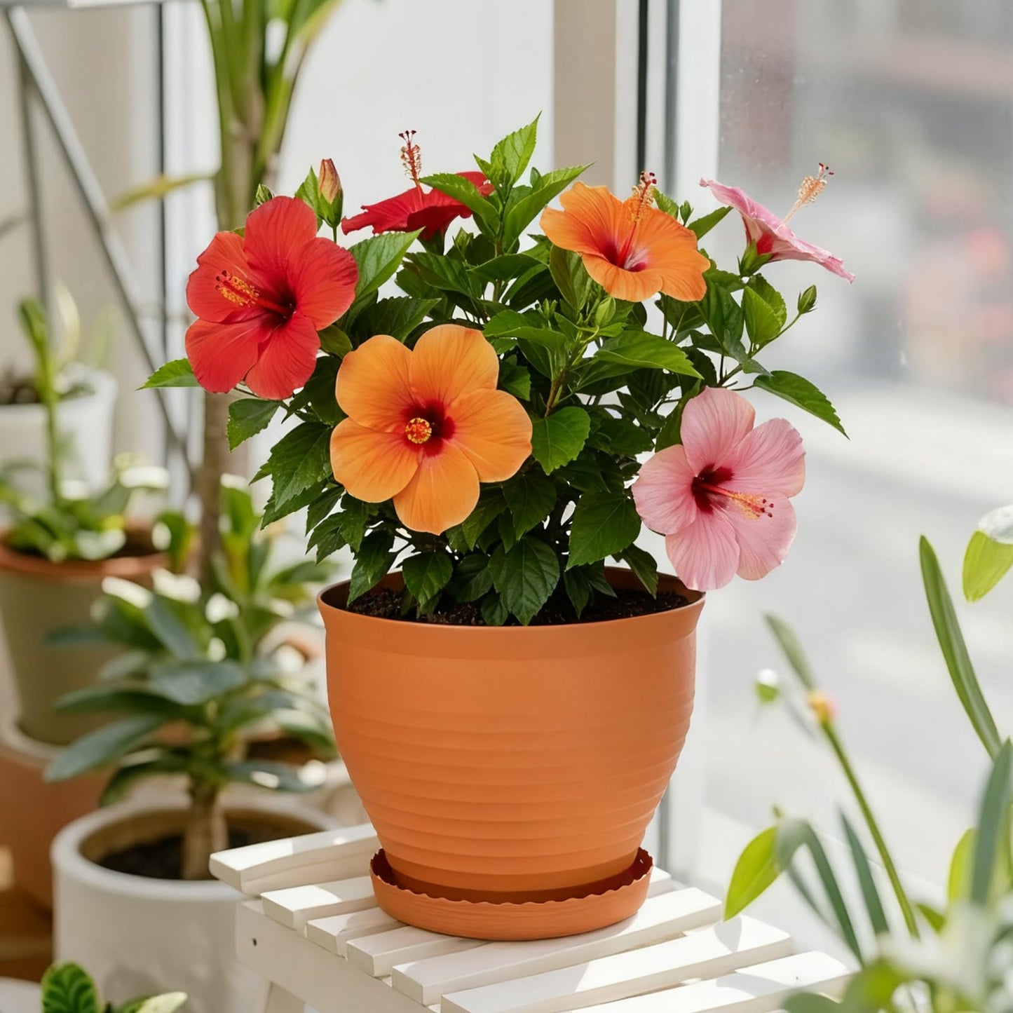OUMUHE 13.8 Inch Round Plastic Planters Urns with Drainage and Saucers, Set of 2, Large Flower Pots for Indoor Outdoor Plants, Available in Terracotta & White (Terracotta)