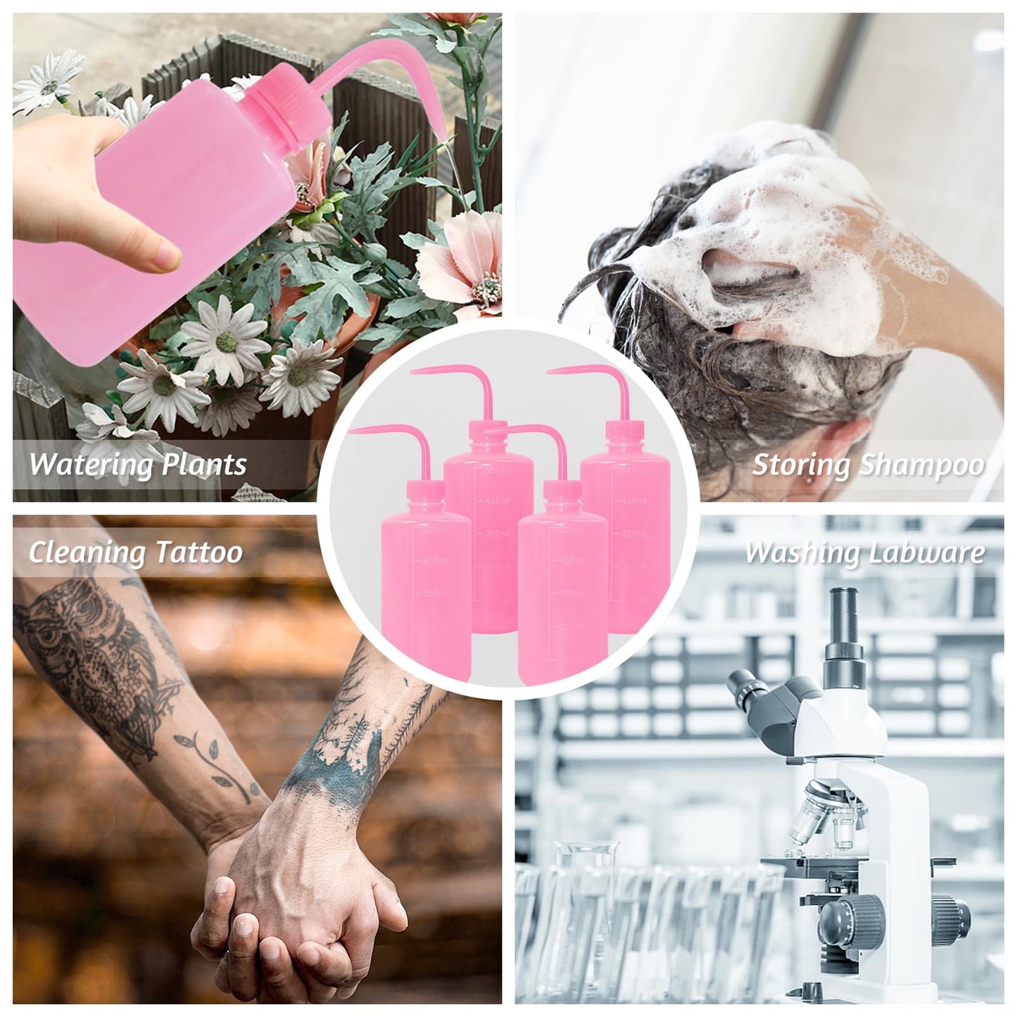 Grosun 4 Packs Tattoo Wash Bottle Water Squirt Squeeze Diffuser Bottles (Pink, 500ml)