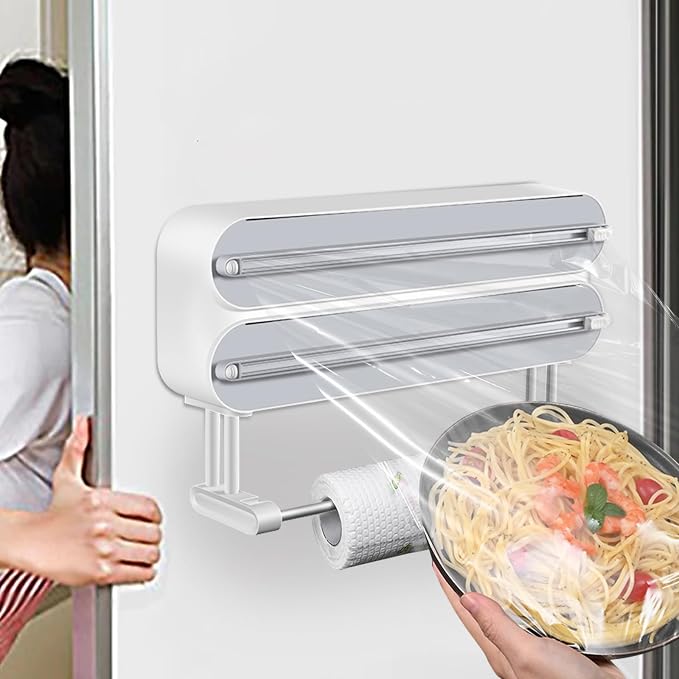 AUSTUFF 3 in 1 Plastic Wrap Dispenser with Cutter,Magnetic Aluminum Foil and Adhesive Film Organizer, Wall Mount Kitchen Wrap Organizer, Cling Wrap Dispenser with Paper Towel Holder and Cutter
