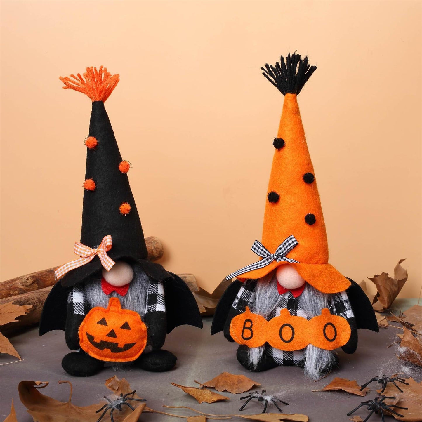 Ni-JASW Halloween Plush Gnomes Set of 2, Spooky Orange Black Bats Boo Swedish Tomte Elf Figurines Tiered Tray Decor