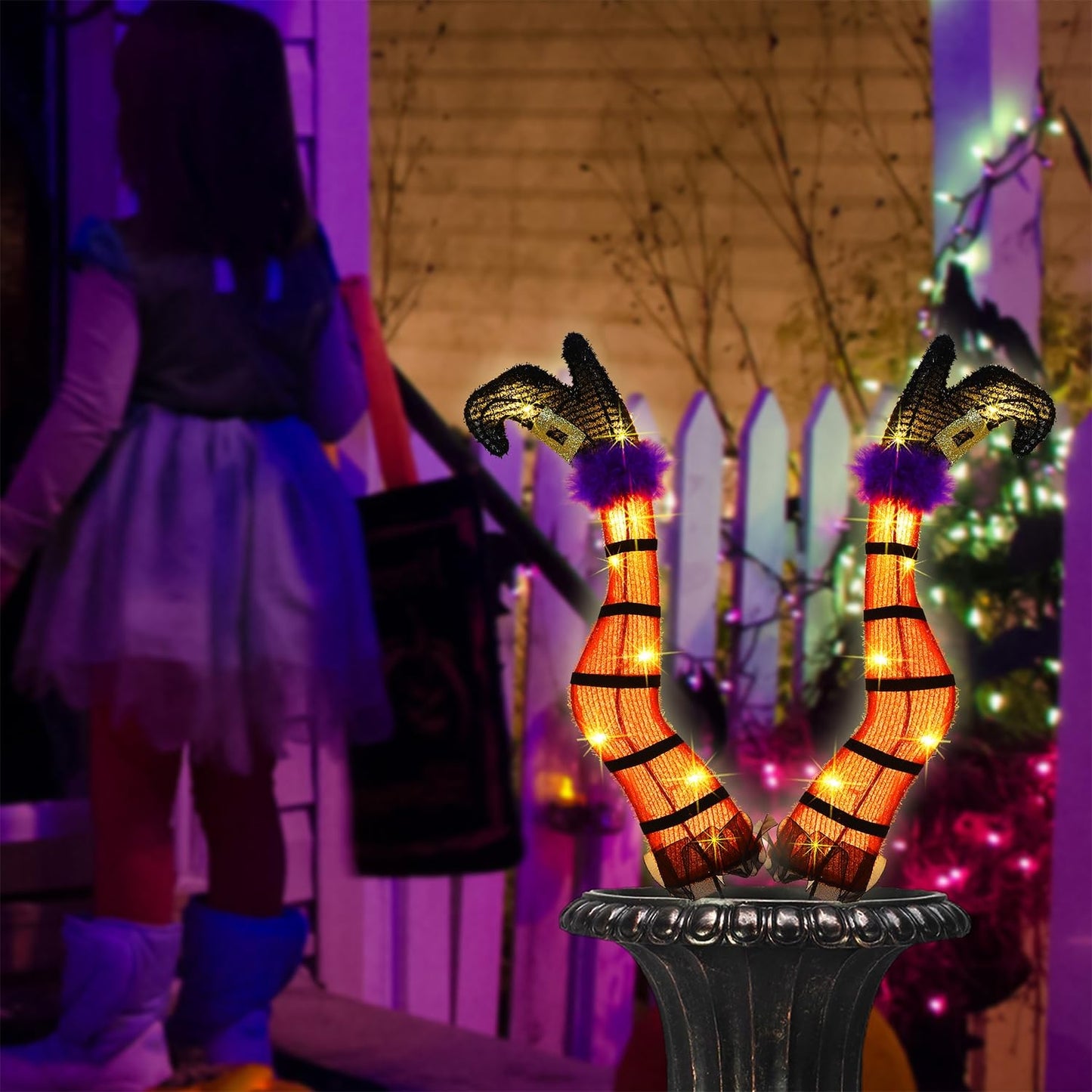 Juegoal Set of 2 Halloween Lighted Wicked Orange Witch Legs with Stakes, 22" Light Up Tinsel Halloween Yard Sign Prop Timer & 8 Modes, Battery Operated for Outdoor Party Haunted House Garden Decor