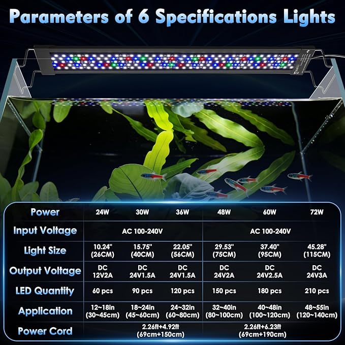 AQQA LED Aquarium Light 30W for 18-24 Inch Fish Tank, 24/7 Mode&DIY Mode Full Spectrum Fish Tank Light, IP68 Waterproof High Lumen Aquarium Plant Light, Adjustable Brightness/Timer, Memory Function