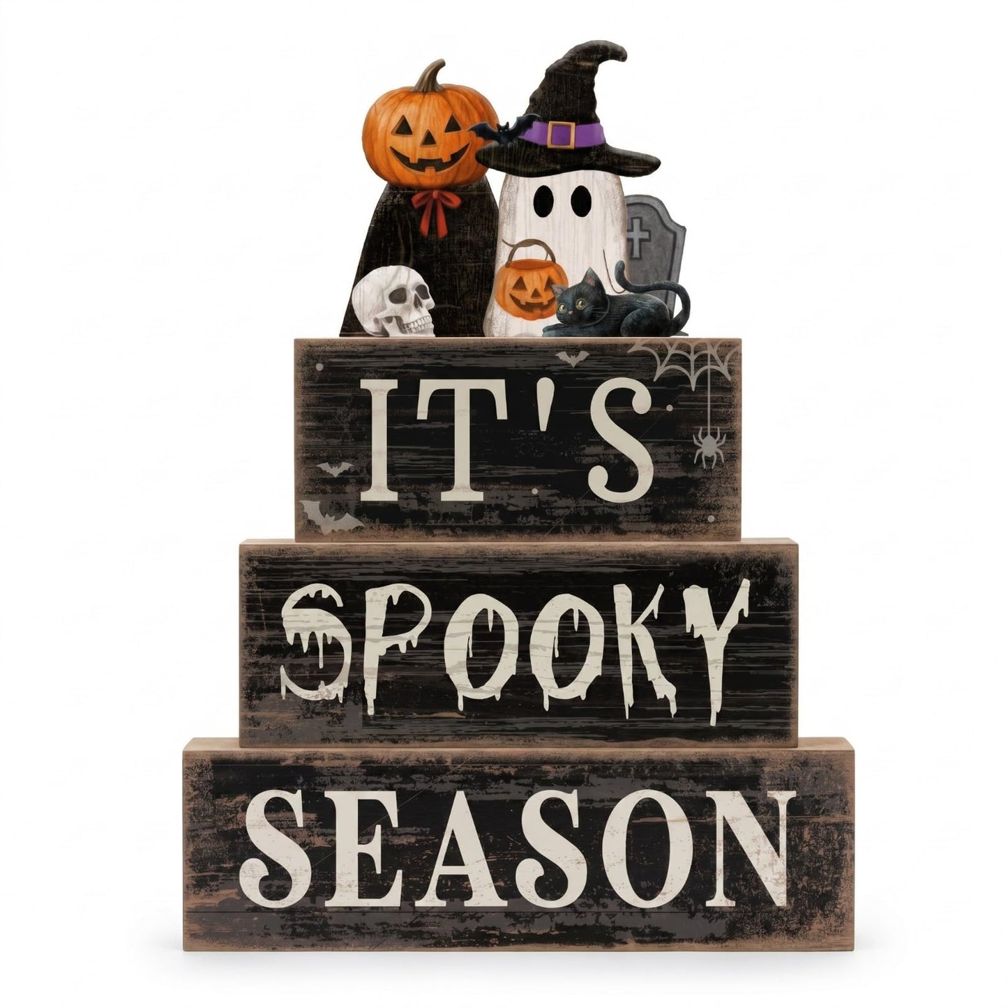 Moucuny 4 Pcs Halloween Table Decoration Pumpkin Ghost Wooden Stacked Block Decor, "It's Spooky Season" Centerpiece Signs, Rustic Gothic Halloween Tiered Tray Decoration for Home Office Kitchen Shelf