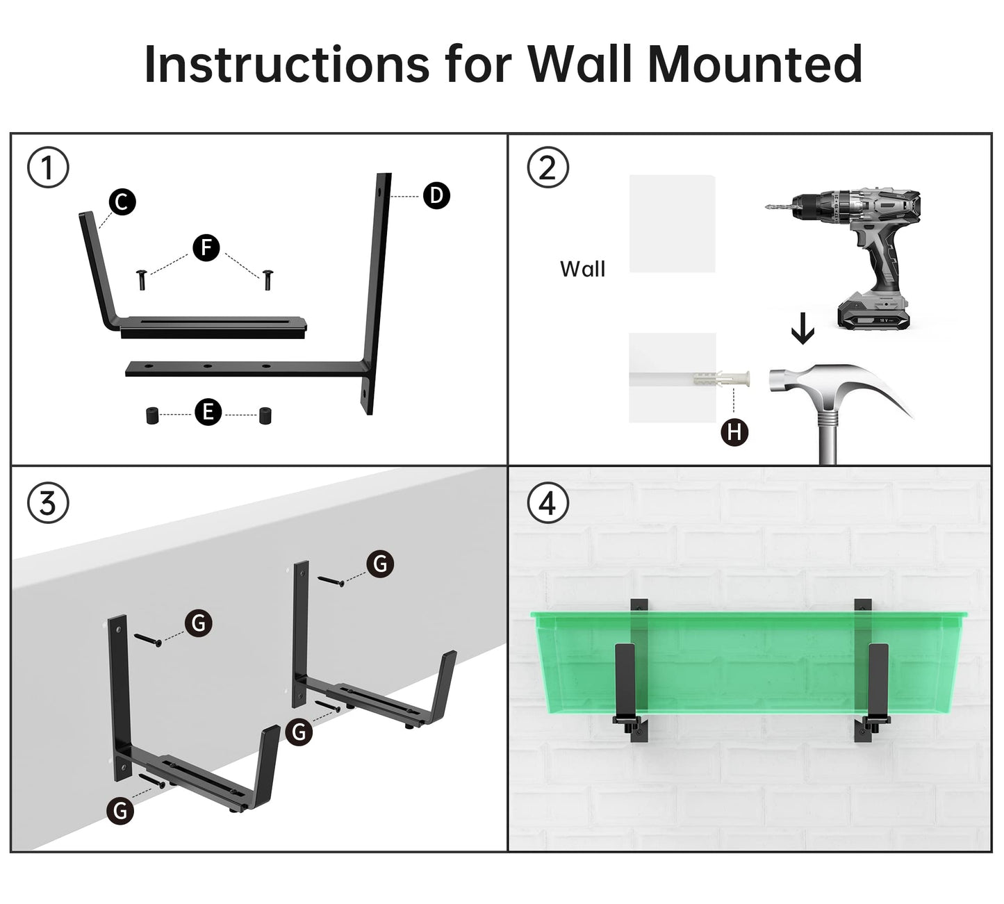 Y&M 6 Pack Adjustable Planter Box Brackets (6 to 12.5 in), Universal Window Box Brackets, Heavy Duty Iron Flower Box Wall Mounting Hooks for Balcony, Fences, Patio, and Garden - Black