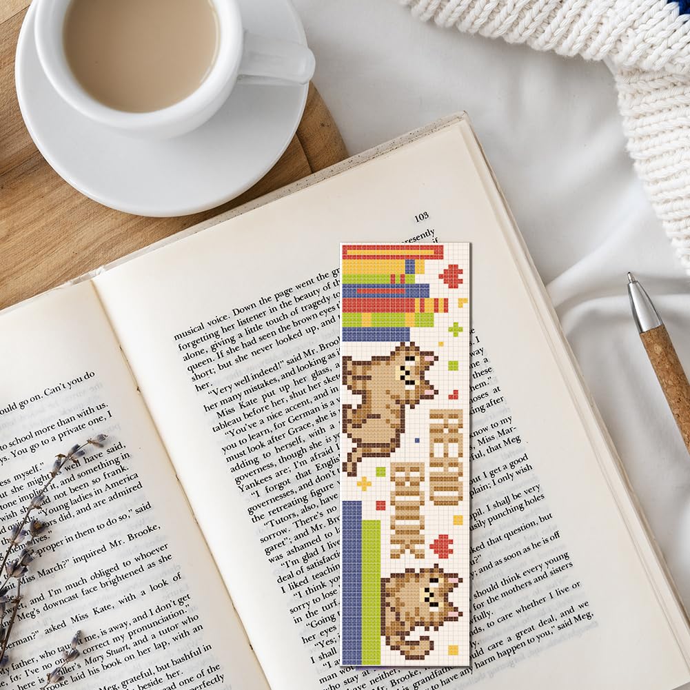 FREEBLOSS 6 Set Cross Stitch Bookmark Kits Cat and Books Bookmarks DIY Stamped Embroidery Bookmark Kit for Beginner Cross Stitch Kit DIY Embroidery Bookmarks Crossstitch Projects for Book Lovers