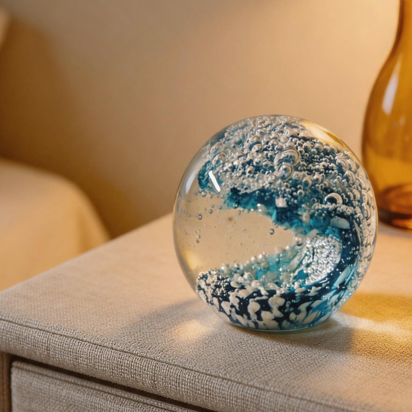 KWASVLYA Hand Blown Ocean Wave Crystal Ball Blue Crystal Art Decorative Sphere Paperweight for Desk Decor, Stress Relief Gift for Ocean Lovers & Women