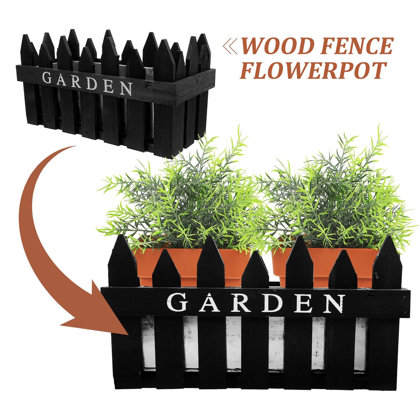 Toyvian Rectangular Wooden Fence Plant Pot for Balcony and Patio, Black Wood Planter Box with Fence Design, Outdoor Garden Flower Container for Plant Arrangement and Home Decor